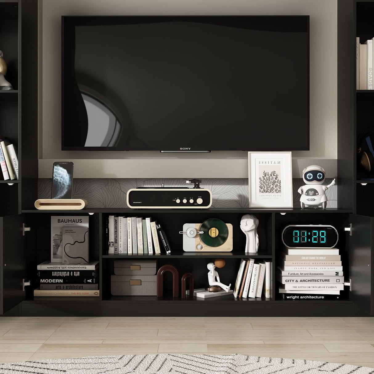 TAMUNE Entertainment Center with Bookshelves Modern Media Center with Open Shelves & Bridge TV Wall Unit with Doors, for Living Room Black (81.1”W x 11.8”D x 70.9”H) TAMUNE