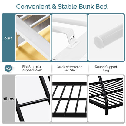 VINGLI Bunk Bed Twin Over Twin Bunk Bed for Kids/Adults with Stairs Flat Rungs, Metal Double Decks Bed, White