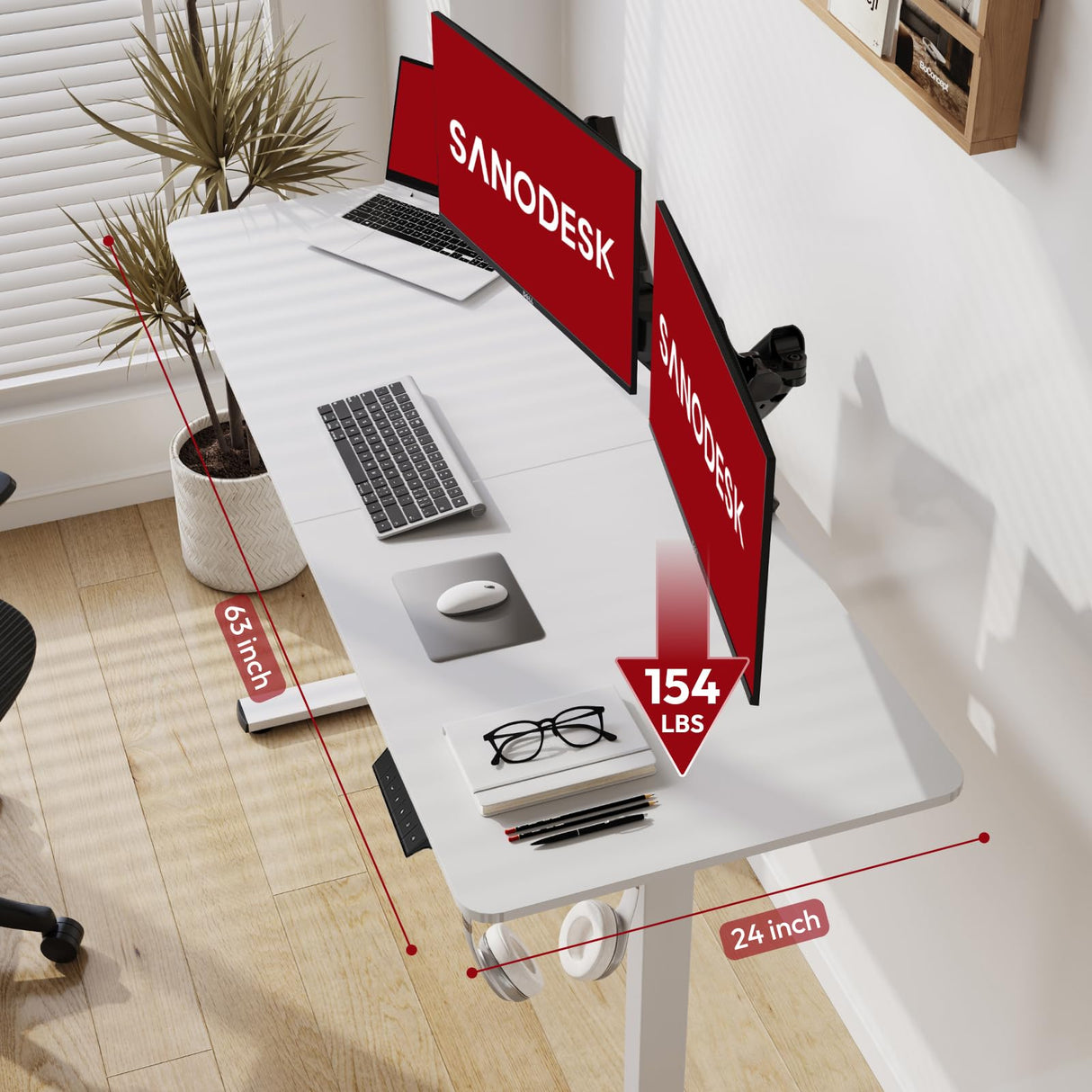 SANODESK Electric Standing Desk 63x24 Inch Height Adjustable Stand Up Desk Home Office Computer Workstation Sit Stand Home Office Desk with Splice Board (White Frame + White Top) SANODESK