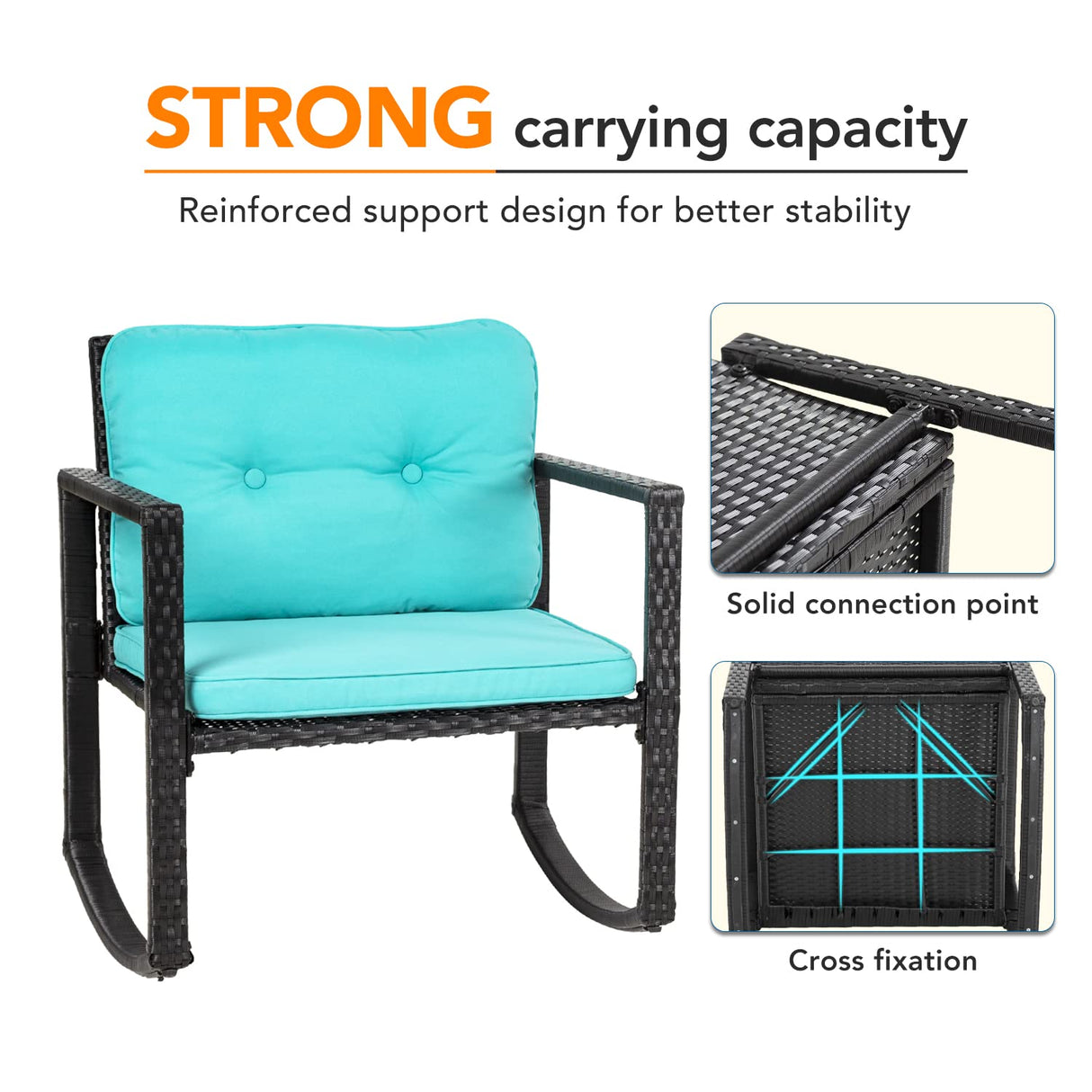 PayLessHere Outdoor Conversation Sets Rattan Furniture Wicker Rocking Chairs with Blue Cushions and Glass Coffee Table for Balcony Poolside Garden Patio Porch Backyard PayLessHere