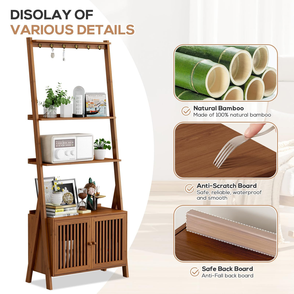 Bookcase with Drawers, 4-Tier Bamboo Bookshelf Ladder Shelf with 6 Hooks, Tall Narrow Retro Book Shelf, 24.8"L x 10.6"W x 59.5"H, Standing Storage Organizer for Living Room, Office, Bedroom, Walnut oakvivo