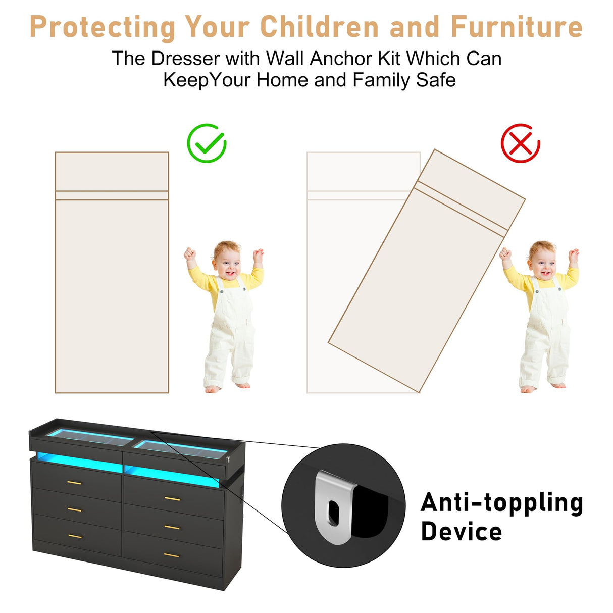 Hlivelood 59''W Long Wooden 8 Drawer Dresser for Bedroom with Glass Tabletop,Modern Wide 6 Chest of Drawers & 2 Jewelry Drawers,LED Light,Charging Station,Tall Storage Dresser for Bedroom,Black Hlivelood