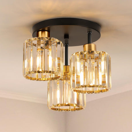 foucasal Semi Flush Mount Ceiling Light 3-Light Black Flush Mount Ceiling Light Fixture with K9 Crystal Shades, Industrial Kitchen Ceiling Light for Hallway Entryway Bedroom, E26 Socket foucasal