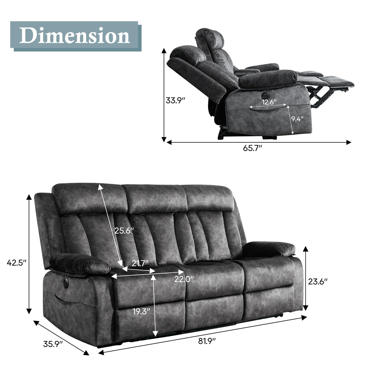 GUEAPY Power Reclining Sofa, 3-Seater Reclining Couch with Massage & Heat, Drop-Down Table, USB & Type-C Charging Ports, Cup Holders, Dutch Velvet, RV & Living Room Reclining Seating GUEAPY