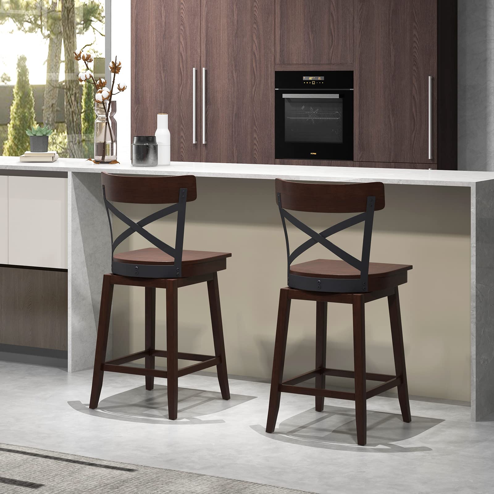 Costway Set of 2 Swivel Bar Stools 24.5" Counter Height Dining Bar Chairs - Thumbnail 3
