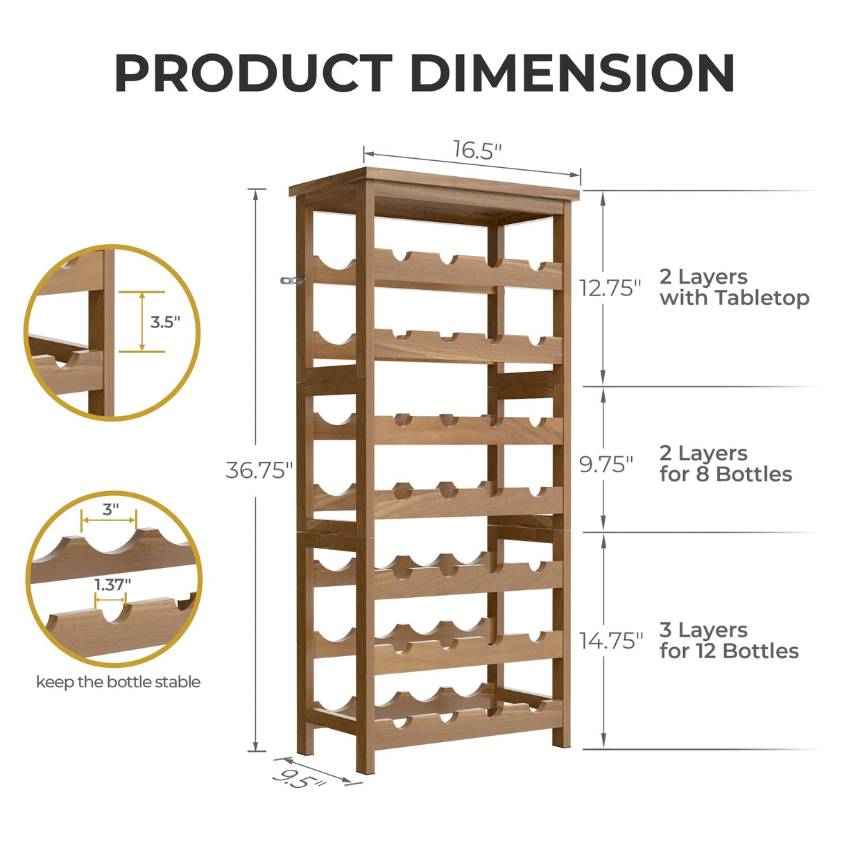 28-Bottle Wine Rack Free Standing Floor, Solid Wood 7-Tier Display Wine Storage Shelves with Tabletop, Wobble-Free Bottle Holder for Cellar Kitchen Bar Dining Room Living Room, Light Brown FLYJOE