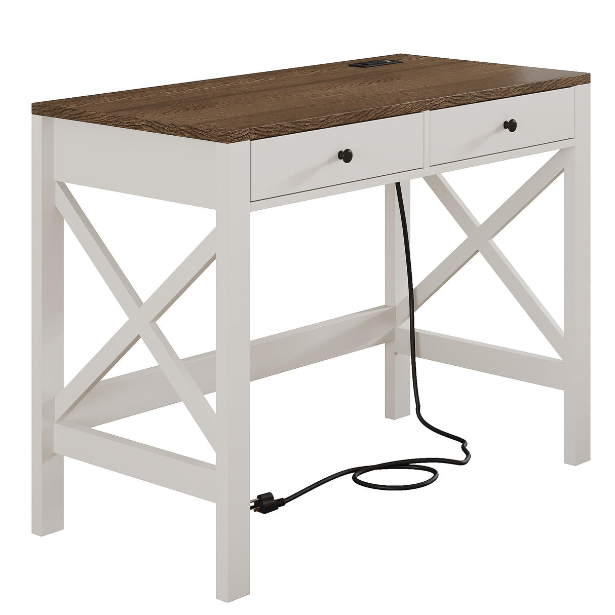 ChooChoo Farmhouse Desk with USB Charging Ports and Power Outlets, 39" Computer Desk with Drawers, Small Study Writing Table with Stable X Frame for Home Office ChooChoo