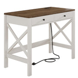 ChooChoo Farmhouse Desk with USB Charging Ports and Power Outlets, 39" Computer Desk with Drawers, Small Study Writing Table with Stable X Frame for Home Office ChooChoo