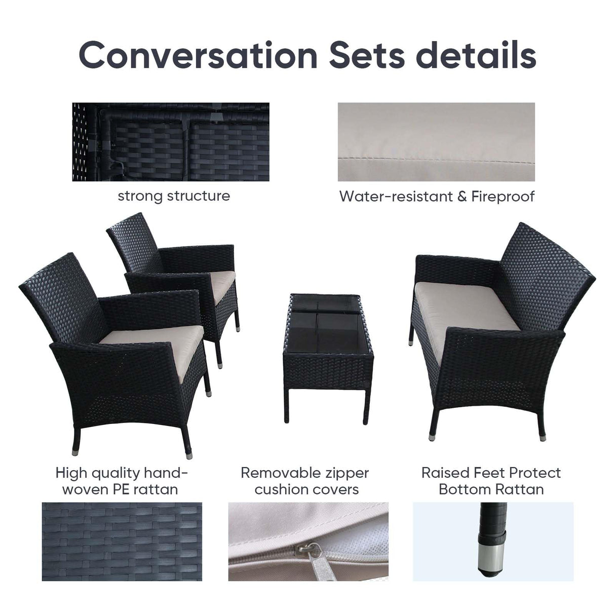 XZHQHB Outdoor Furniture Set of 4 Pieces with PE Waterproof Rattan Tempered Glass Table and Thick Cushions Suitable for Gardens Porches Terraces and Balconies Easy to Assemble Black and Beige XZHQHB