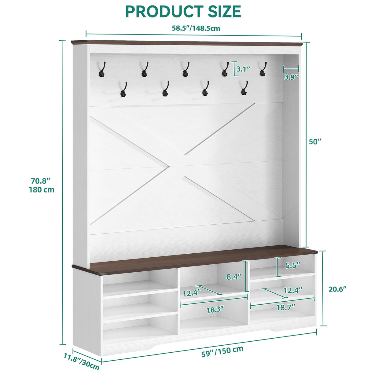 YITAHOME Hall Tree with Bench and Shoe Storage, Mudroom Storage Modern Shoe Cabinet with Bench & 9 Double Prong Hooks, for Entryway & Living Room, Walnut & Off-White YITAHOME