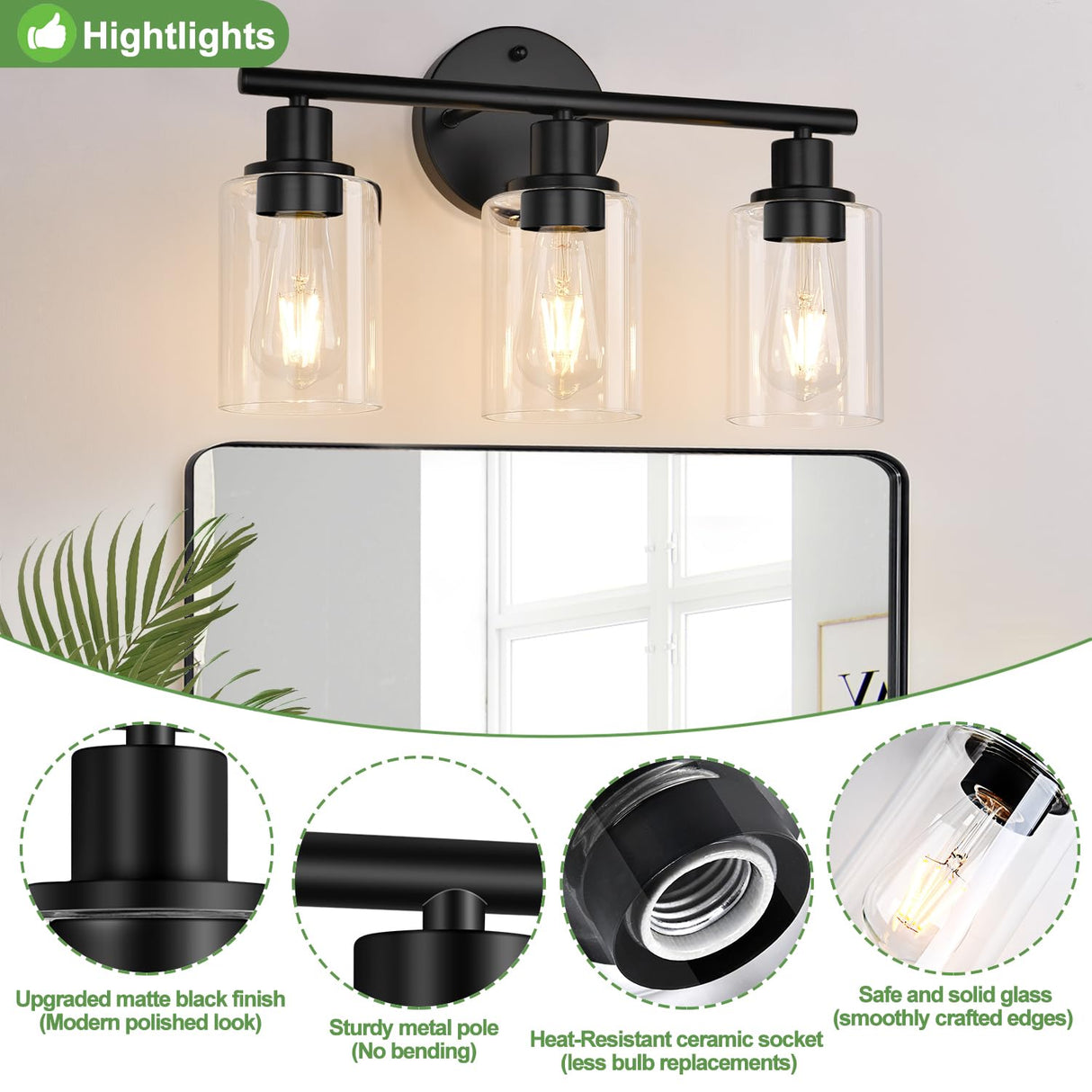 Zarbitta 3-Light Bathroom Light Fixtures, Black Modern Vanity Lights with Clear Glass Shade, Bathroom Wall Lamp for Mirror Kitchen Living Room Hallway Cabinet Porch Zarbitta