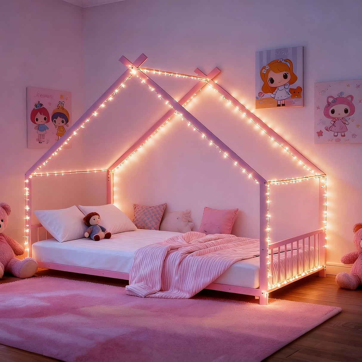 Karl home Twin Size Toddler Floor Bed, Metal Montessori Bed with Slats & Fence, Roof/House/Canopy Bed Frame for Girls, Boys, No Box Spring Needed, Pink Karl home