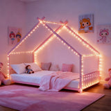 Karl home Twin Size Toddler Floor Bed, Metal Montessori Bed with Slats & Fence, Roof/House/Canopy Bed Frame for Girls, Boys, No Box Spring Needed, Pink Karl home