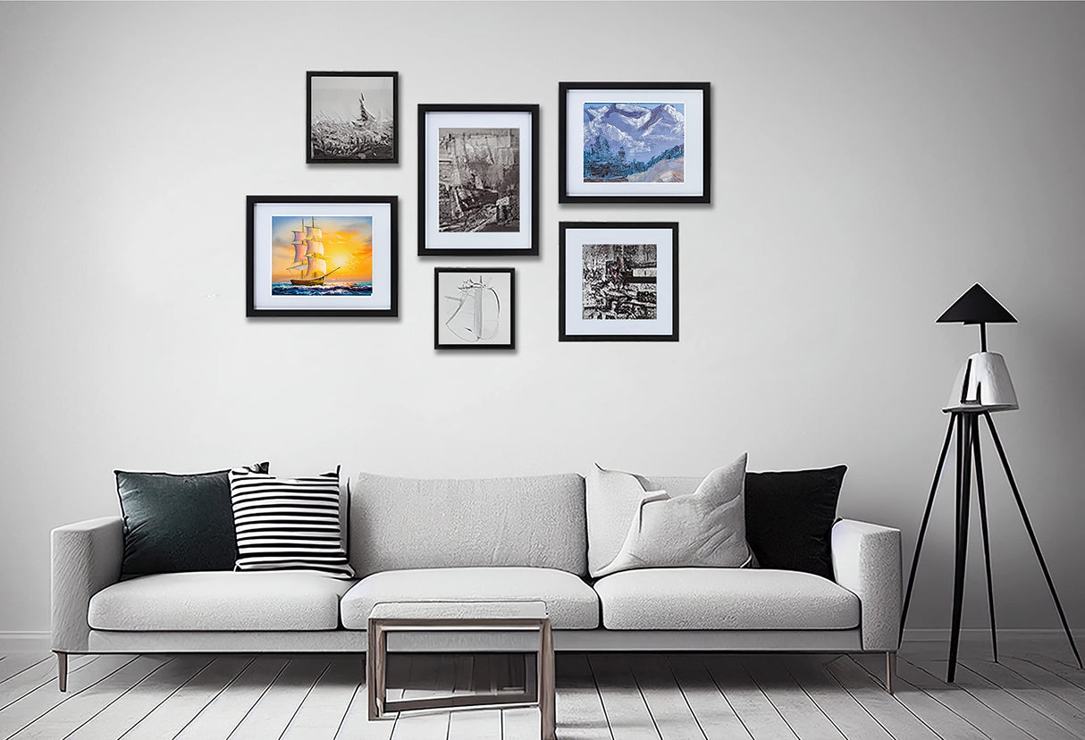 HEART ART 12x12 Black Picture Frame Set of 9, Display Pictures 8x8 with Mat or 12 x 12 without Mat, Multi Collage Gallery Square Photo Frames for Wall HEART ART