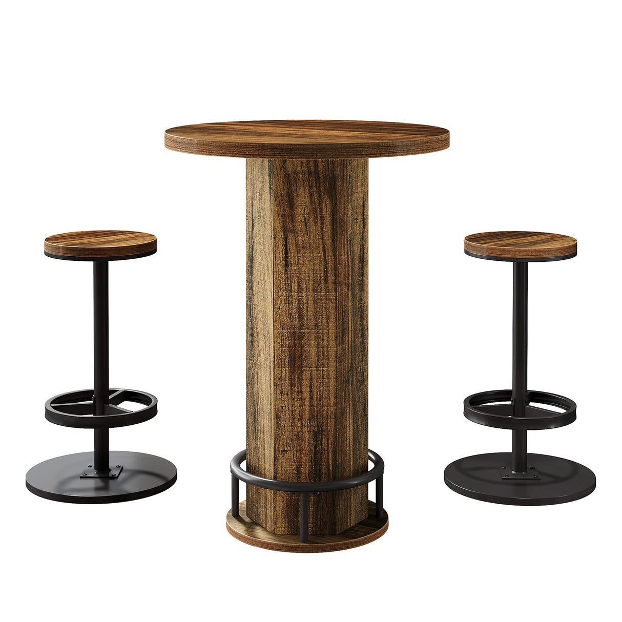 Tribesigns Round Bar Table with Chairs, Industrial Bistro Sets with 2 barstools, Pub Cocktail Table with Metal Ring Footrest for Kitchen Nook, Apartment, Small Space Tribesigns
