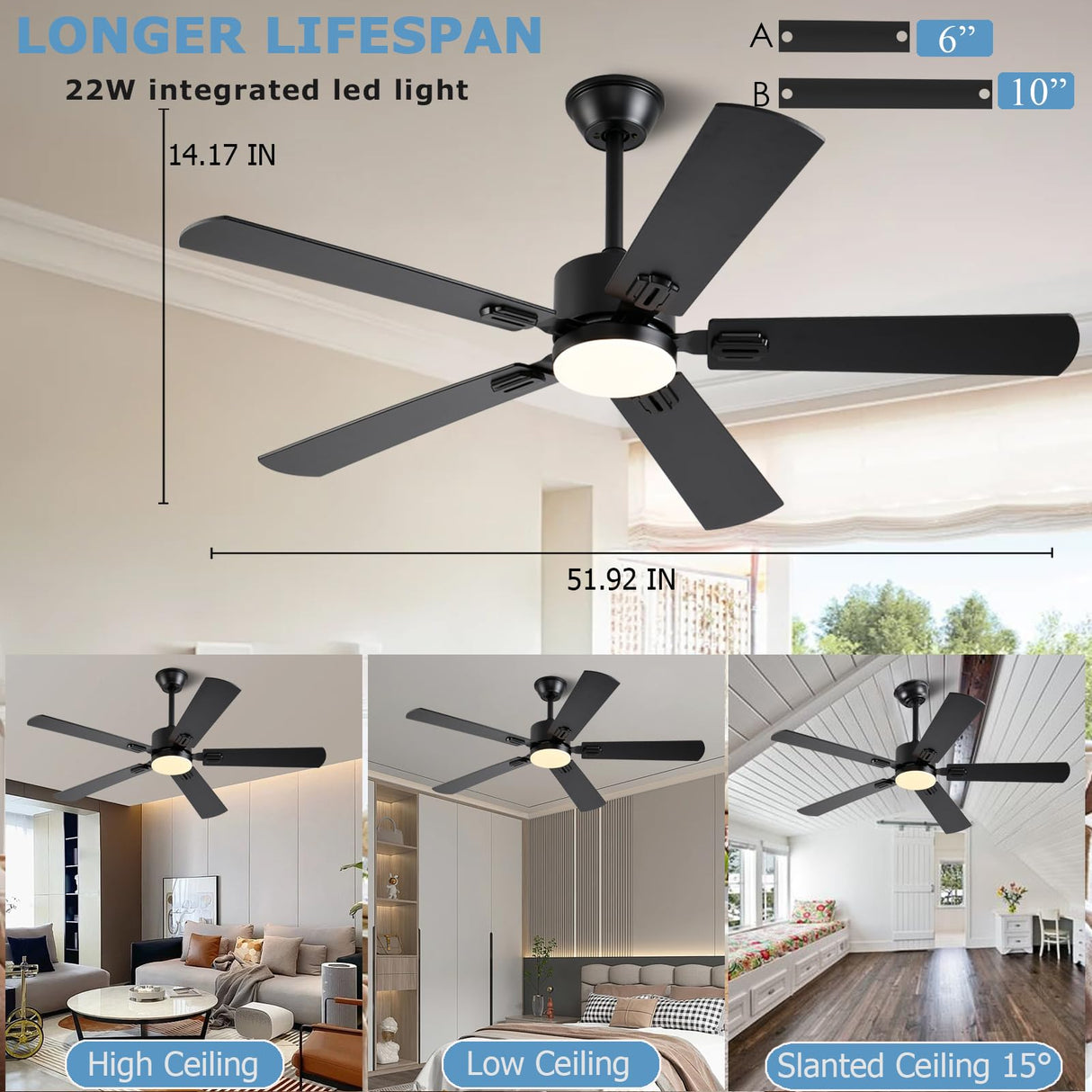 FUMLTP 52 inch Modern Ceiling Fans with Lights APP/Remote Control, Low Profile Reversible 6 Speeds Ceiling Fan Light for Indoor/Outdoor Patio Bedroom Living Room,Black FUMLTP