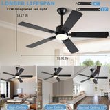 FUMLTP 52 inch Modern Ceiling Fans with Lights APP/Remote Control, Low Profile Reversible 6 Speeds Ceiling Fan Light for Indoor/Outdoor Patio Bedroom Living Room,Black FUMLTP