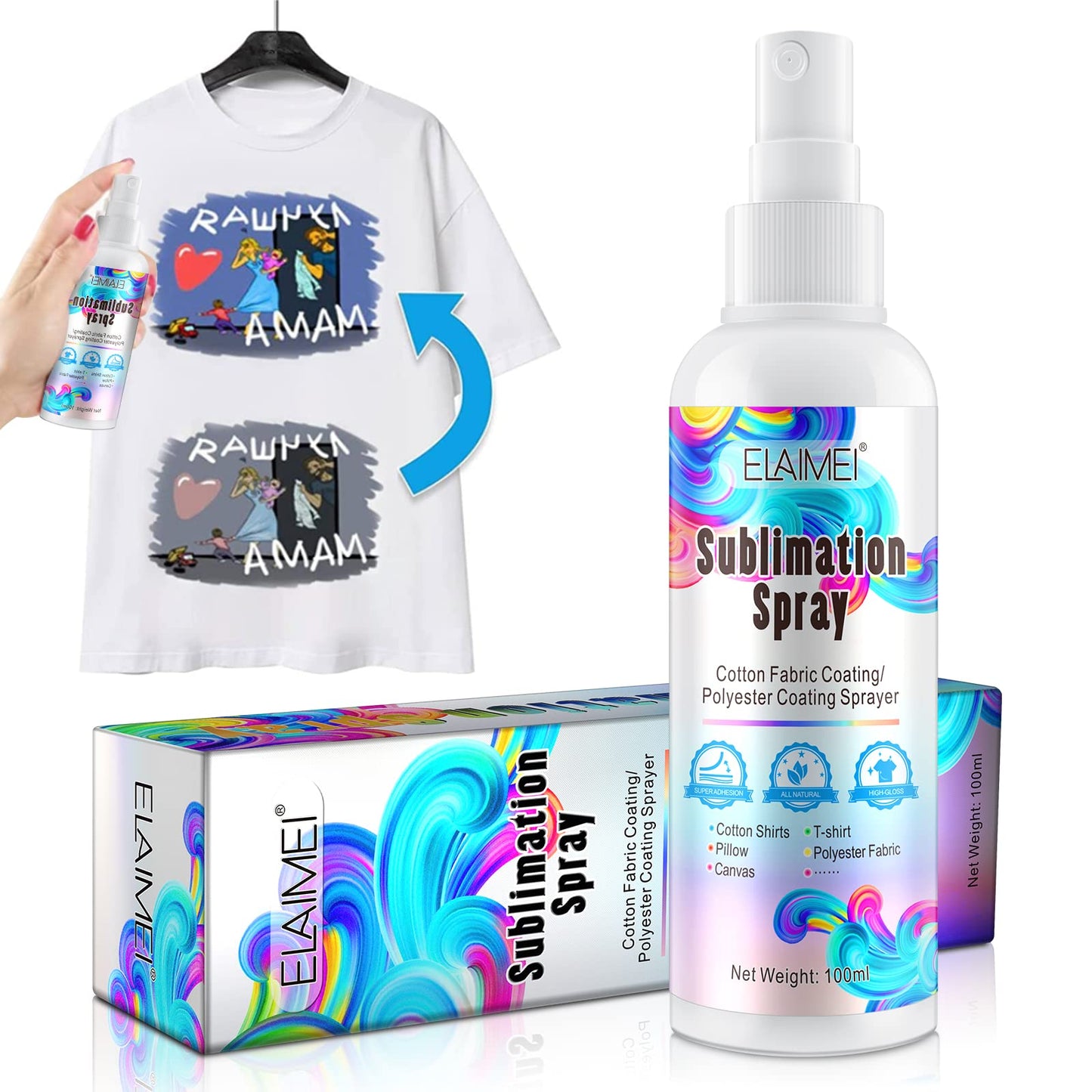 100ml Sublimation Spray, Sublimation Coating Spray for All Fabric, Including 100% Cotton, Polyester, Carton, Tote Bag, Pillows, Mugs, Canvas, Quick Dry & Super Adhesion, High Gloss Vibrant Color