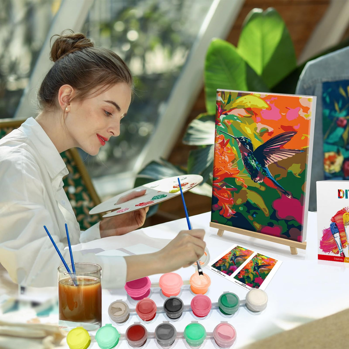 HeeBenor Framed Paint by Numbers Kit for Adults, Hummingbird Paint by Numbers Kit for Adults with Easel, DIY Flower Bird Paint by Number with Frame, Adult Paint by Number Kits Framed Canvas 8x12 Inch HeeBenor