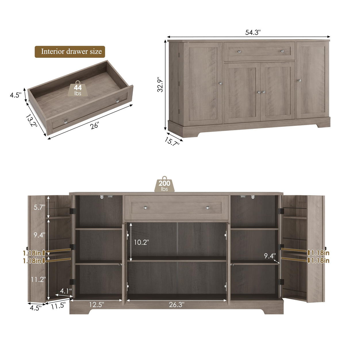 HITHOS 54" Buffet Cabinet with Storage, Modern Kitchen Buffet Sideboard with Drawer, Wood Coffee Bar Cabinet with Adjustable Shelves, Kitchen Storage Cabinet for Living Room, Ash Grey HITHOS