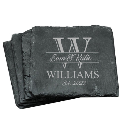 Custom Engraved Slate Coasters Set of 4 - Monogrammed Coasters for Drinks, Weddings, Couples, Anniversaries - Personalized (Square) - WoodArtSupply