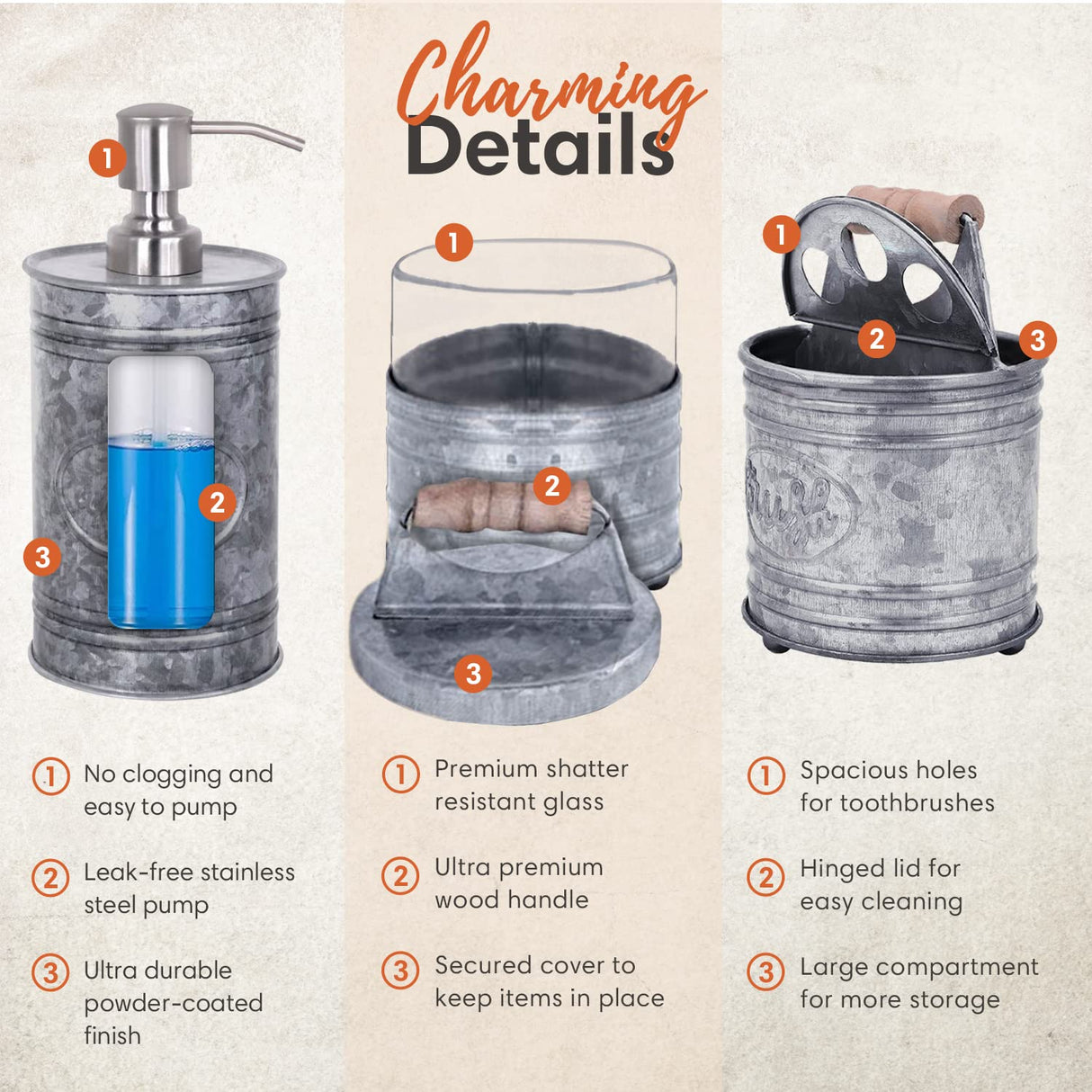 Autumn Alley Rustic Bathroom Accessories Set 4 - Galvanized Soap Dispenser, Rustic Toothbrush Holder, 2 Apothecary Jars Qtip Holder - Rustic Bathroom Decor – Farmhouse Bathroom Accessories Autumn Alley