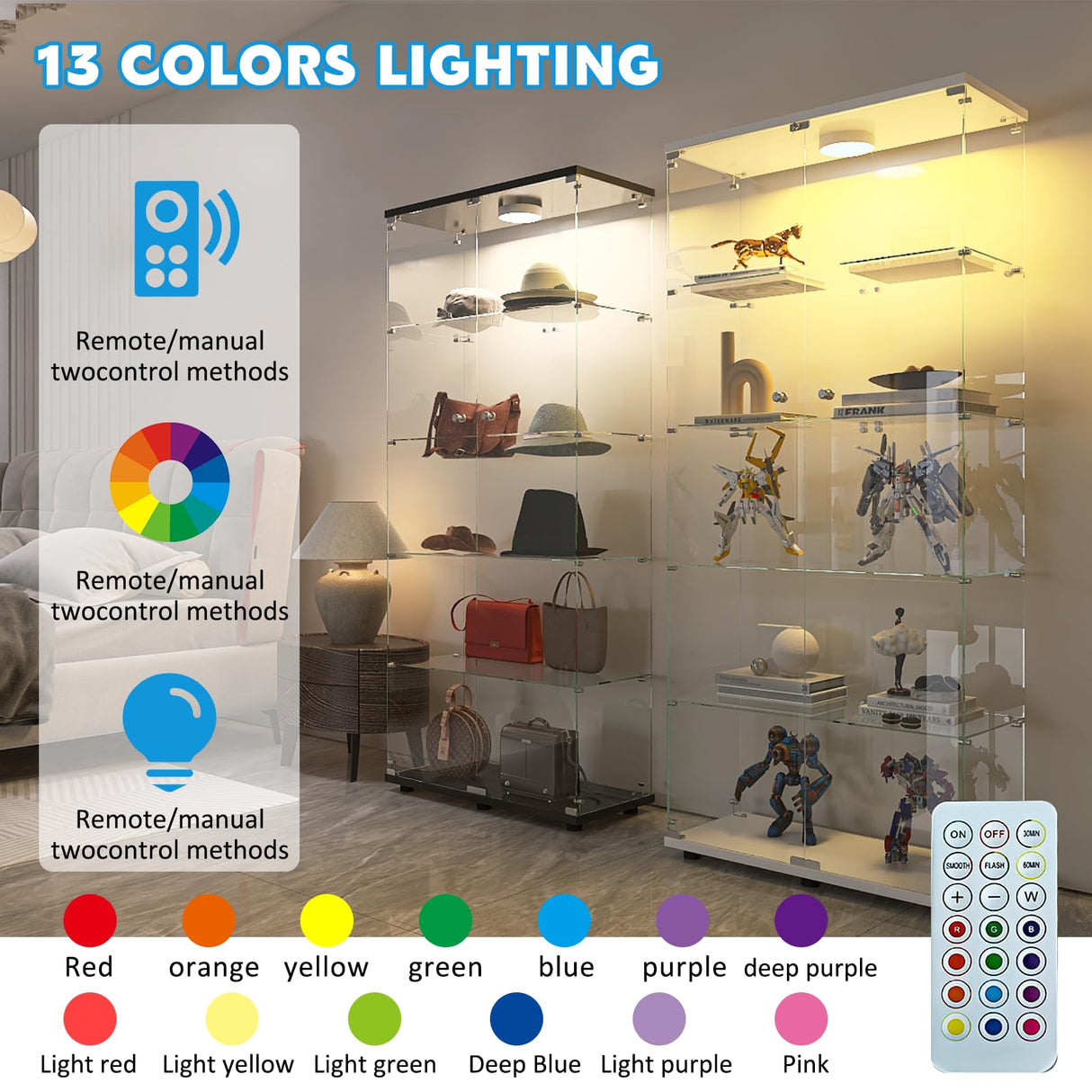 Glass Display Case for Collectibles, Double Door 4 Shelves Lockable Curio Cabinet with LED Lights, Clear Tempered Glass Showcase Cabinet for Home Office Retail Store,13.5" D x 31" W x 65" H,White Fetuero