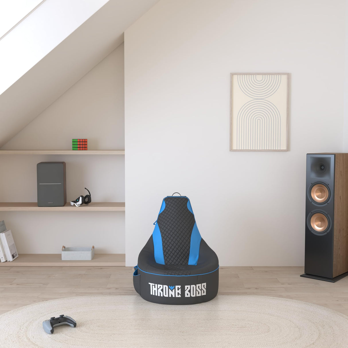 Throne Boss Gaming Bean Bag Chair for Kids [Cover ONLY No Filling] - High Back Beanbag for Boys, Girls, and Gamers with Cup Holder (Black/Blue) Throne Boss