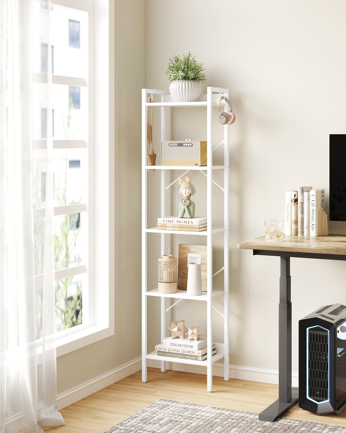 Hzuaneri Bookshelf, Book Shelf, Industrial Bookcase with 2 Hooks, Coner Shelf Storage Organizer for Home Office, Living Room, Bedroom, Kitchen, 5-Tier White BC10513W Hzuaneri