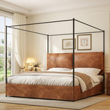 Modern Canopy Bed Frame with Upholstered Faux Leather Headboard – Tall Four Poster Metal Platform Bed, No Box Spring Needed, King Size, Brown and Black SAMTRA