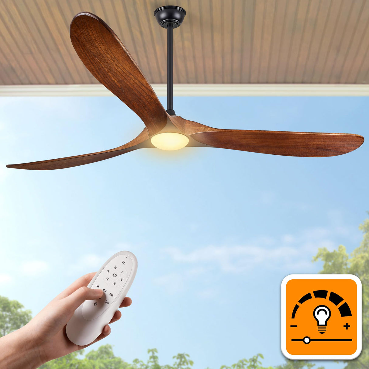 Haipeel 72 Inch Ceiling Fans with Lights, Wood Outdoor Ceiling Fan with Light and Remote Control Propeller Modern Large Ceiling Fans for Patios Gazebo Farmhouse Indoor Quiet High cfm ETL, Dark Walnut Haipeel