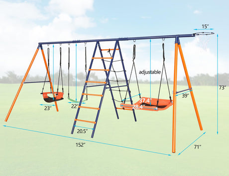 Swing Sets for Backyard, 6 in 1 Swing Set Outdoor for Kids 3-12, 700 lbs Heavy Duty Metal Toddler Playset Swingset for Playground with 3 Adjustable Swings, Basketball Hoop, Climbing Ladder and Nets Soldow