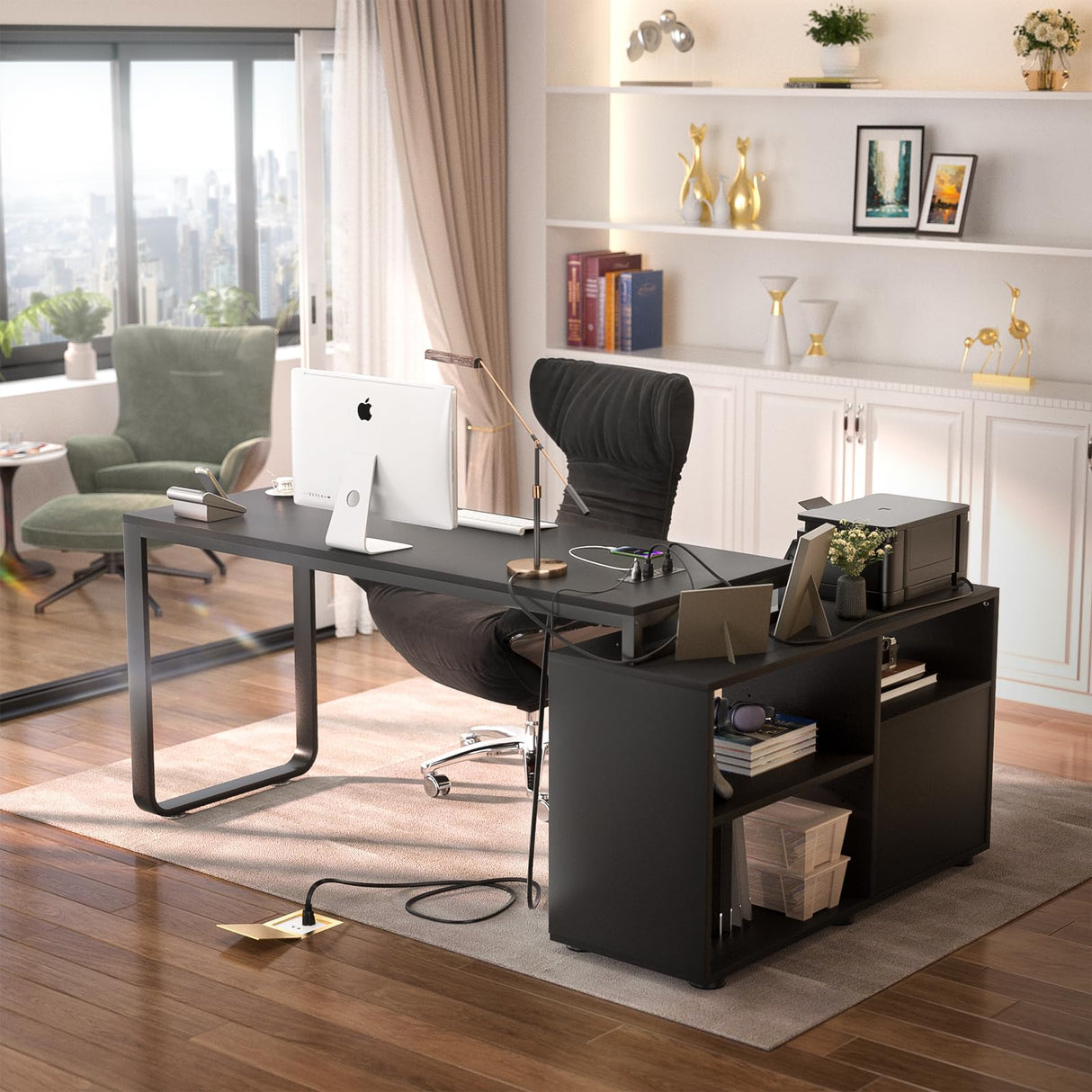 Homieasy L Shaped Desk with File Cabinet & Power Outlet, Reversible 55 Inch Large Corner Computer Desks with LED Strip, L-Shaped Computer Desk with Homieasy