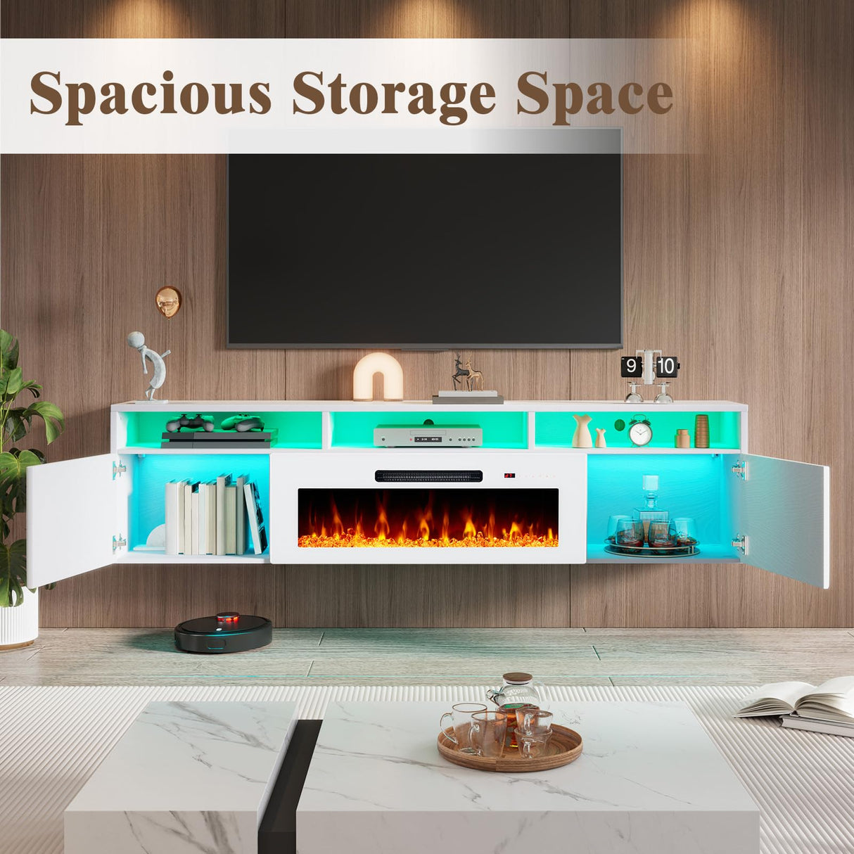 LUXOAK Floating TV Stand with 36" Electric Fireplace, 70 inch Wall Mounted Electric Fireplace Entertainment Center with Storage Space, TV Stand for Living Room for TVs Up to 80", All White LUXOAK