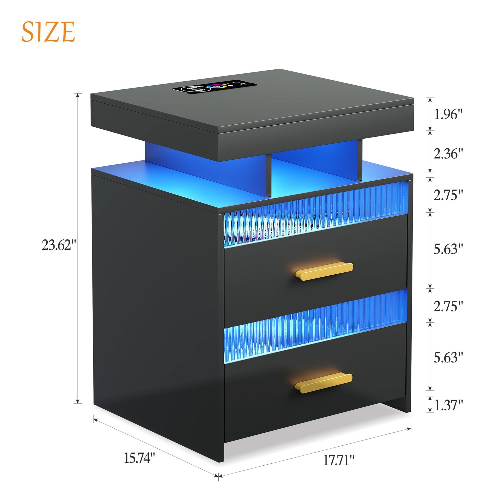 Black Night Stand with Charging Station: All in One Nightstand with Drawers Bedside Table with LED Light & Human Sensor Design Modern End Table for Bedroom Livingroom Office - WoodArtSupply