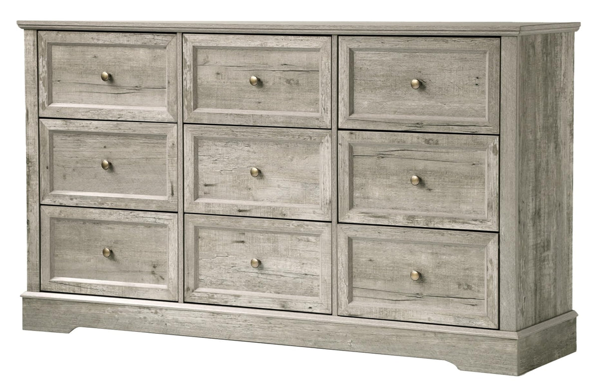LOUVIXA Farmhouse Dresser 9 Drawer, Bedroom Chest of Drawers, Dressers with 9 Drawers, Wooden Dressers for Bedroom, Living Room, Tv Stand, Entryway (Grey-9 Drawers) LOUVIXA