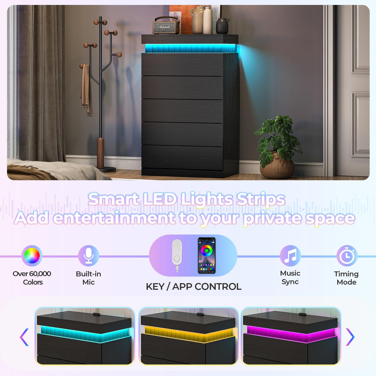 UPOSOJA Tall Black Dresser for Bedroom, Modern 5 Wood Drawers with LED Light and Power Outlet, Floating Dressers for Closet, Large Chest of Drawer for Living Room, Hallway, Entryway UPOSOJA