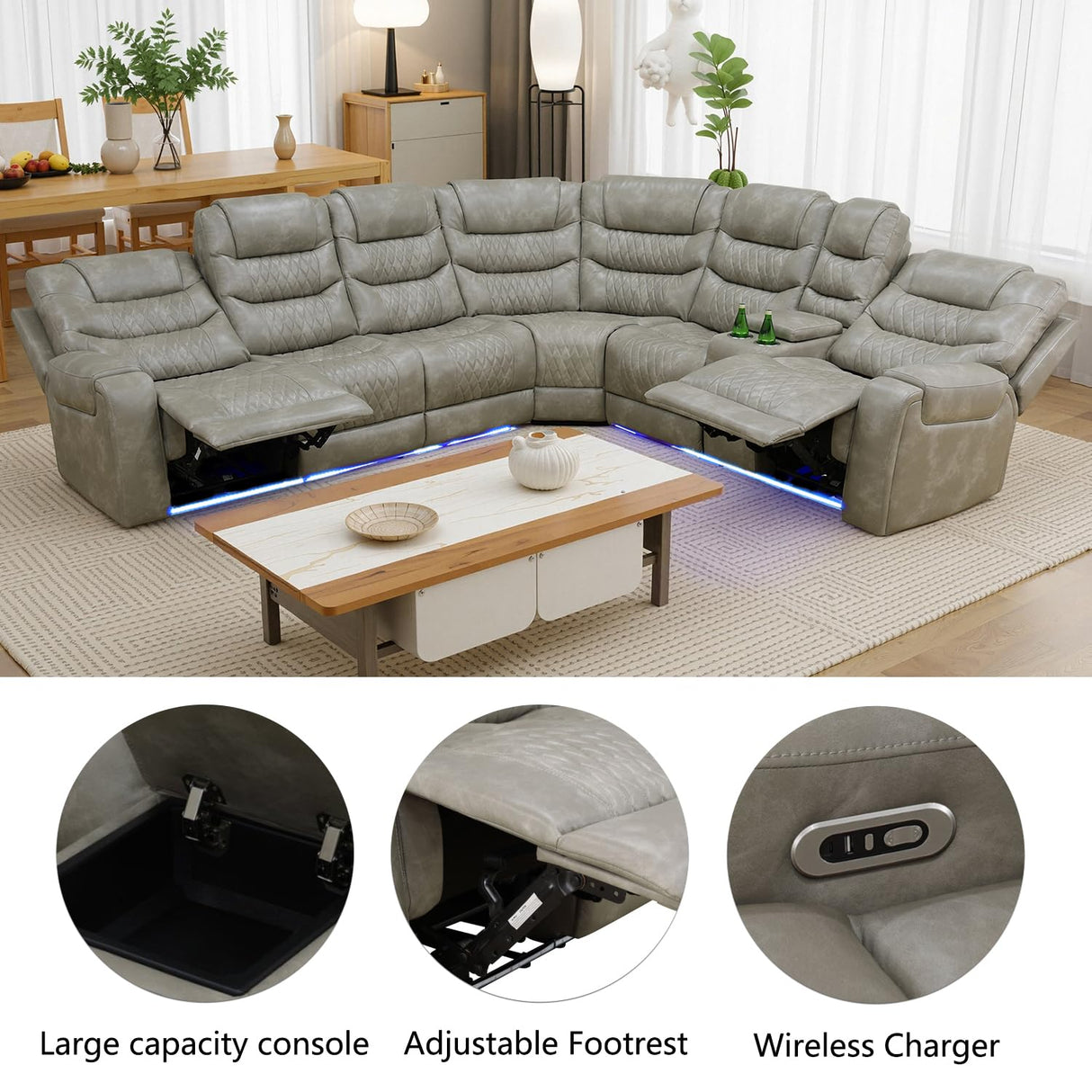 Power Air Leather Reclining Sofa with LED,Leather Recliner Sectional Couch for Living Room, Reclining Couches with Cup Holders Hide-Away Storage (Grey, Sectional) Pon Living Furniture Inc