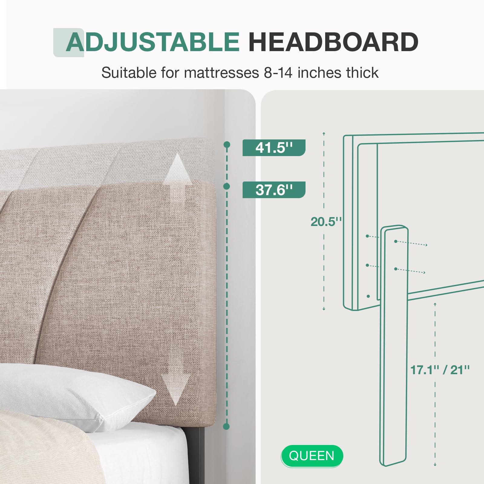 Novilla Adjustable Queen Bed Frame with Linen Upholstered Headboard and Wooden Slat Support - WoodArtSupply