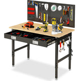 MUWOOD 48" Workbench with Drawers, Adjustable Height Work Bench 2000 LBS Heavy-Duty Work Table Rubber Wood Work Station with Power Outlet & Pegboard for Garage, Office, Workshop, Home, Party Shop MUWOOD