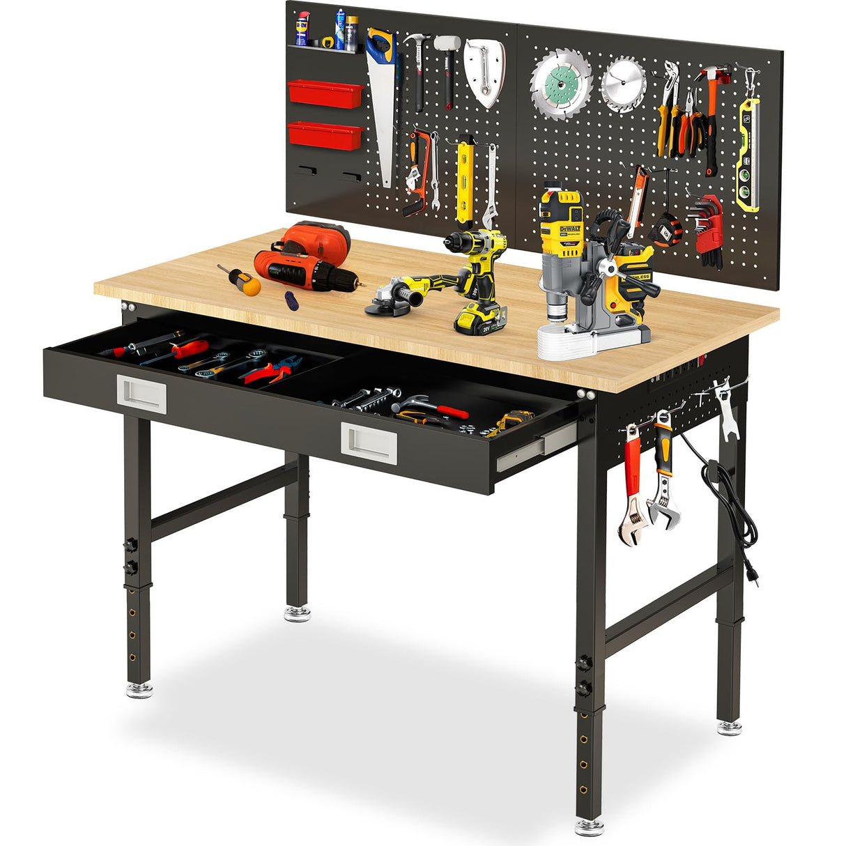 48" Workbench with Drawers, Adjustable Height Work Bench 2000 LBS Heavy-Duty Work Table Rubber Wood Work Station with Power Outlet & Pegboard for Garage, Office, Workshop, Home, Party Shop WoodArtSupply