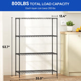 4-Tier Storage Shelves 35.4" L x 13.3" W x 53.7" H Metal Garage Shelves Standing Storage Shelf Adjustable Layer Racks with Steel Frame Suitable for Kitchen, Garage or Commercial Use (Black) FDW