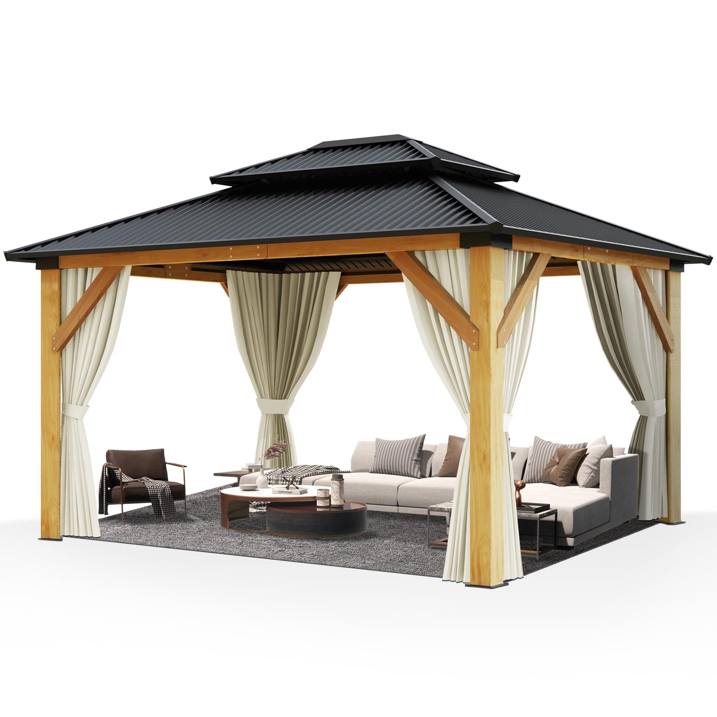 11'x13' Wood Gazebo, Hardtop Cedar Gazebo with Double Roof Galvanized Steel Top, Outdoor Solid Wooden Gazebo with Curtain & Netting for Garden, Patio, Deck, Backyard