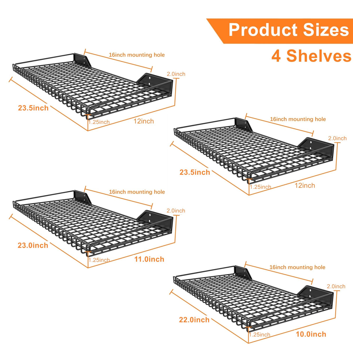 WALMANN Garage Wall Shelf, 4 Wall Mounted Storage Shelves for Garage, Closet, Laundry Room, Heavy Duty Wall Shelving, Holds Up to 65 Lbs(Black, 4 Shelves) WALMANN