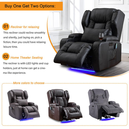 Oprisen Power Recliner Chair Overstuffed Home Theater Seating w/Heat Massage Electric Movie Gaming Sofa Reclining Sleeper Chair with LED Light/Lumbar Pillow/USB Port/Cup Holders