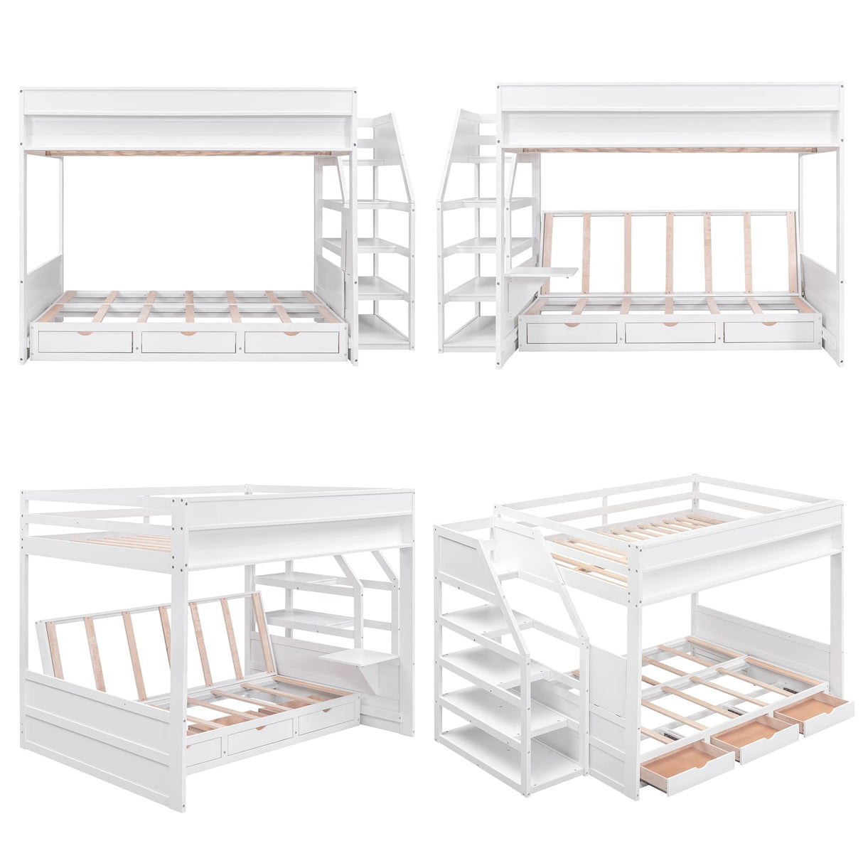 Harper & Bright Designs Convertible Full Over Full Futon Bunk Bed with Stairs, Drawers, and Built-in Shelf in White Harper & Bright Designs