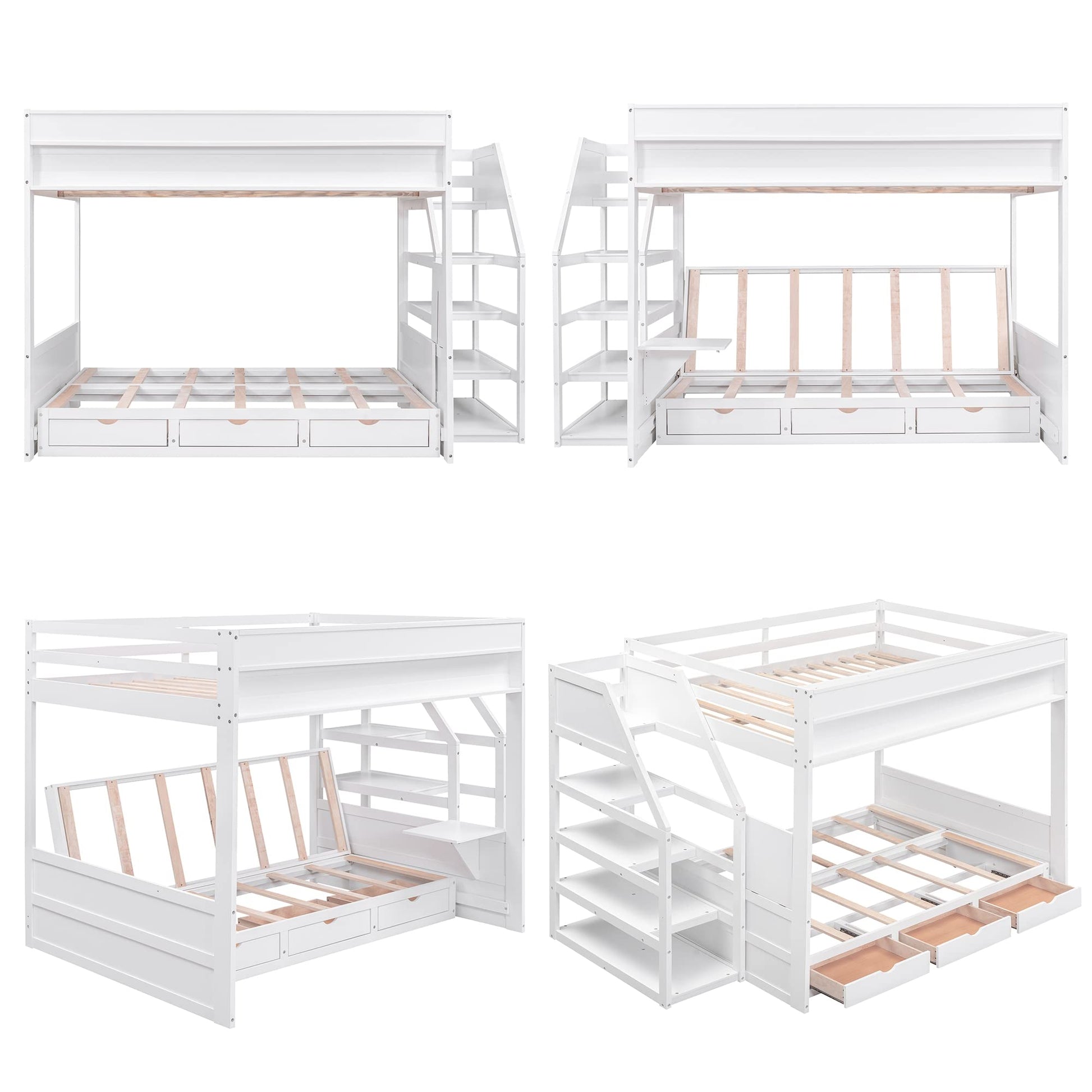 Harper & Bright Designs Convertible Full Over Full Futon Bunk Bed with Stairs, Drawers, and Built-in Shelf in White - WoodArtSupply