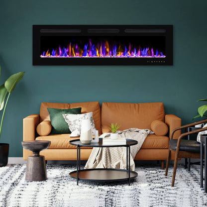 BETELNUT 60" Electric Fireplace Wall Mounted and Recessed with Remote Control, 750/1500W Ultra-Thin Wall Fireplace Heater W/Timer Adjustable Flame Color and Brightness, Log Set & Crystal Options