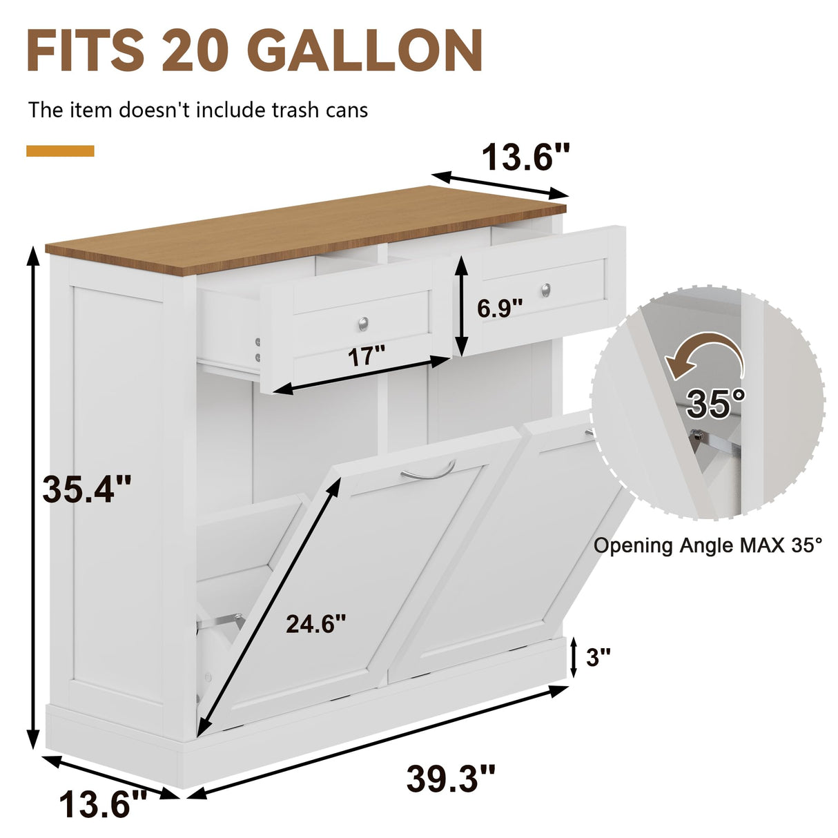 Yongchuang Double Tilt Out Trash Can Cabinet 20 Gallon, Kitchen Wooden Hidden Garbage Can Cabinet with Drawer, Tilt Out Laundry Hamper Cabinet with Storage White Yongchuang