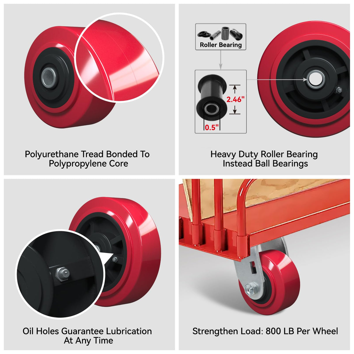 LONGRUNFORU 6" x 2" Caster Wheels, Polyurethane on Polyolefin core Wheel with Roller Bearing- 1/2" Bore - Set of 4 Heavy Duty Caster Wheel with 4000 lbs Capacity (4 Pack) LONGRUNFORU